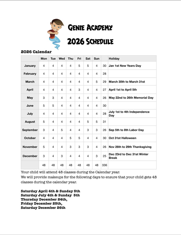 Genie Academy 2026 Holiday Calendar
