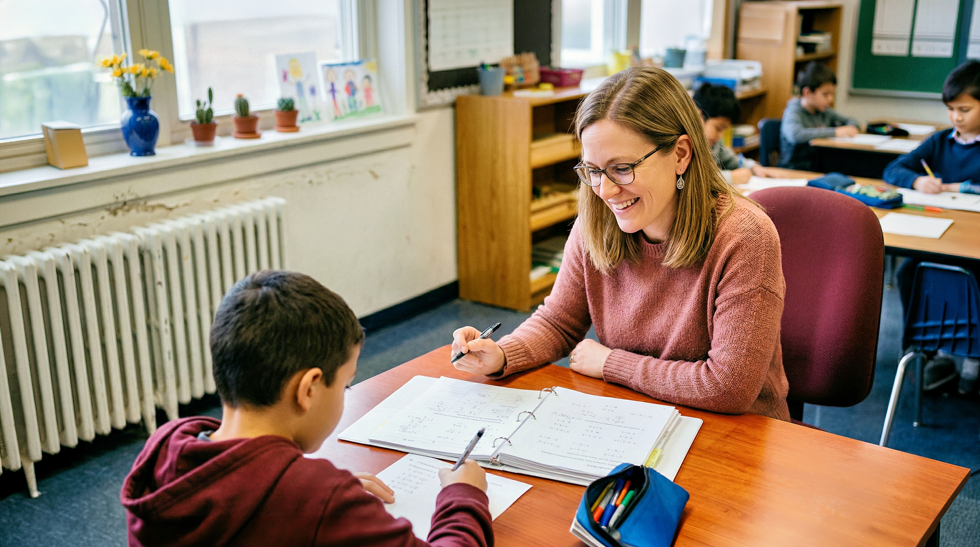 A smiling teacher helps a young student work through a long-division problem in a binder at a classroom desk