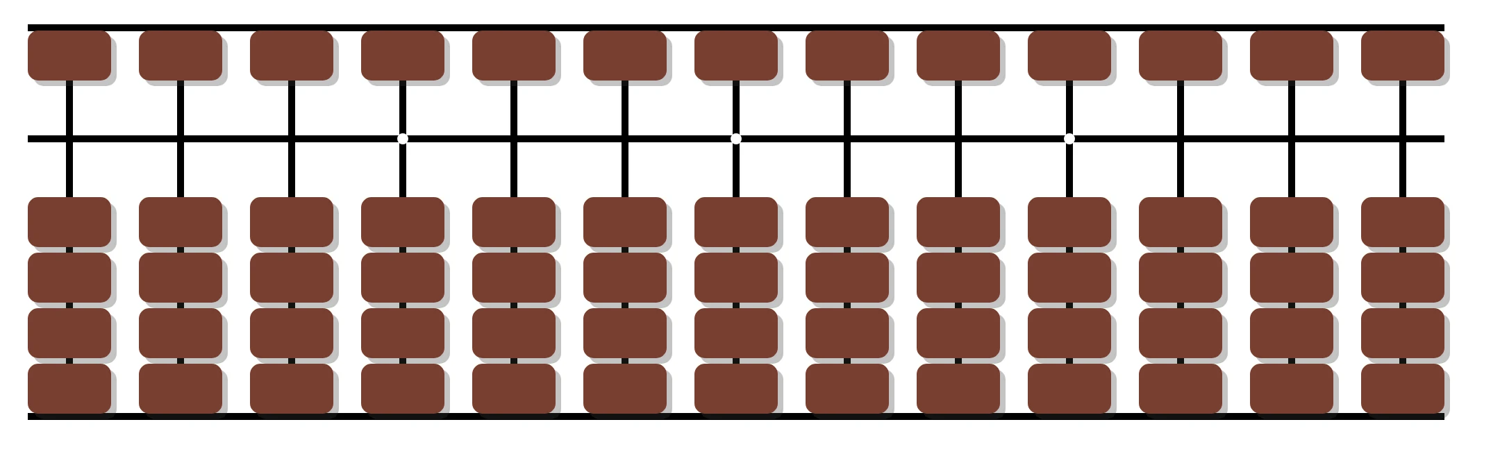 Online abacus simulator with 13 rods, one heaven bead and four earth beads per rod