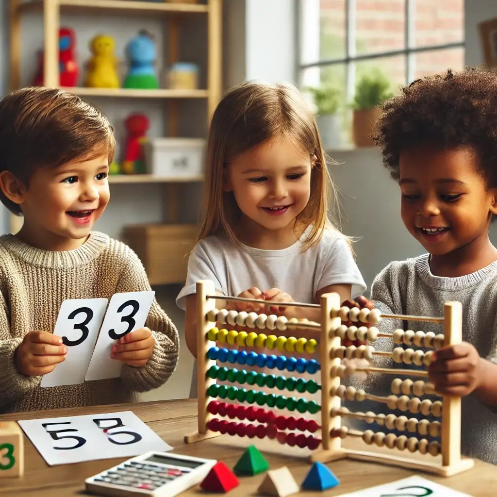 Three young children learning math together with number flashcards and abacuses in a classroom